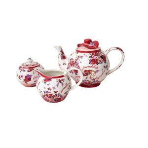 Red Hat Society Pink Chintz Teapot, Sugar and Creamer Set Cardew Designs